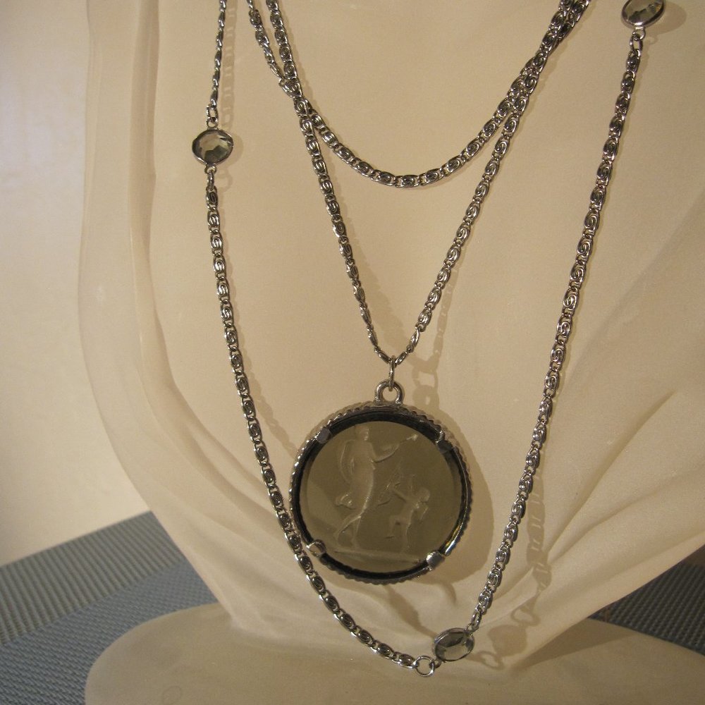 Triple Silver Chain W/Roman Smokey Pendant Vintage